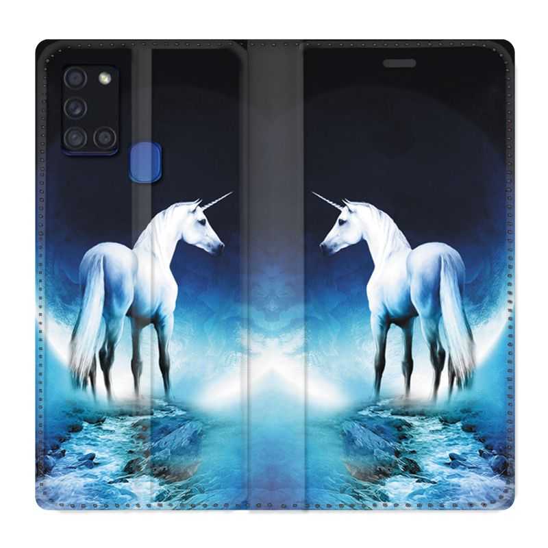 Housse cuir portefeuille pour Samsung Galaxy A21S Licorne Lune