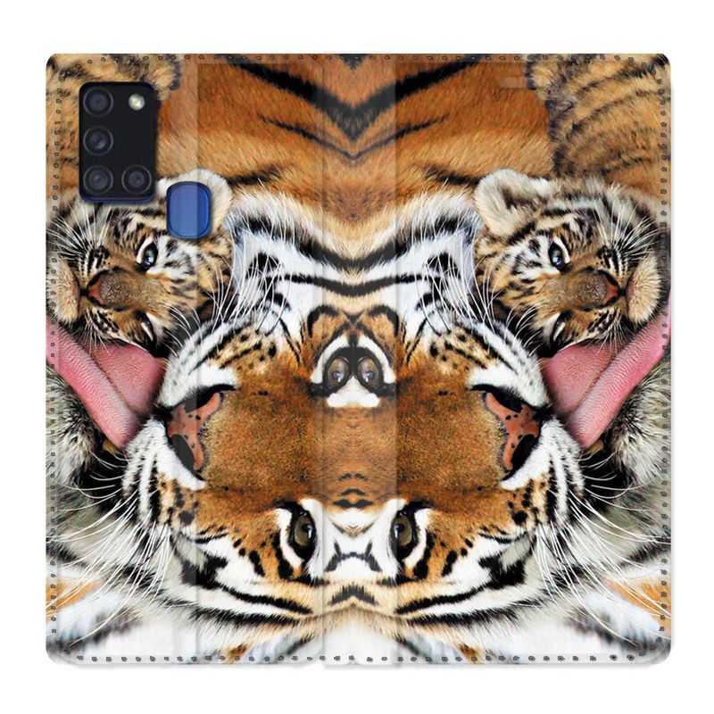 Housse cuir portefeuille pour Samsung Galaxy A21S Bebe Tigre