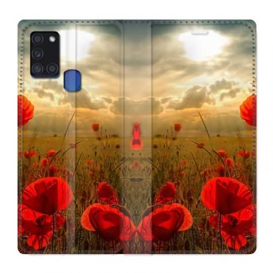 Housse cuir portefeuille pour Samsung Galaxy A21S Fleur Coquelicot