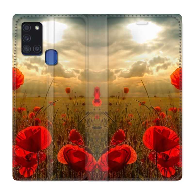 Housse cuir portefeuille pour Samsung Galaxy A21S Fleur Coquelicot