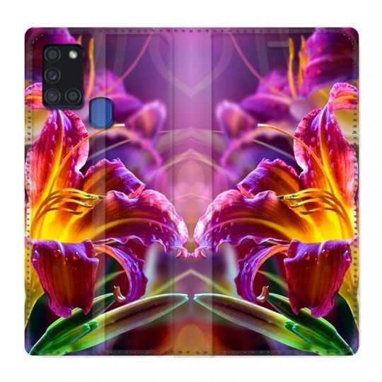 Housse cuir portefeuille pour Samsung Galaxy A21S Fleur Lys Color