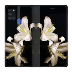 Housse cuir portefeuille pour Samsung Galaxy A21S Fleur Lys Noir