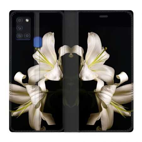 Housse cuir portefeuille pour Samsung Galaxy A21S Fleur Lys Noir