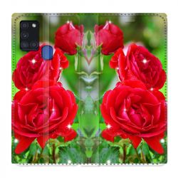 Housse cuir portefeuille pour Samsung Galaxy A21S Fleur Rose Rouge