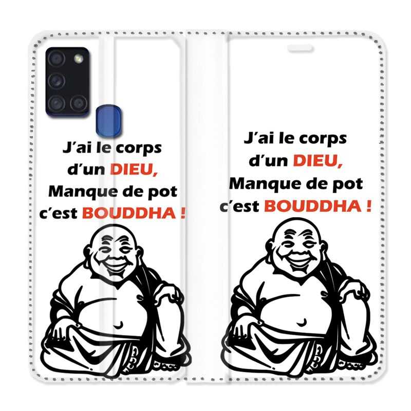 Housse cuir portefeuille pour Samsung Galaxy A21S Humour Bouddha