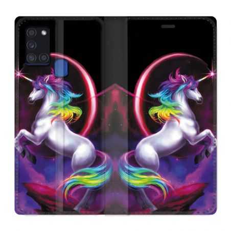 Housse cuir portefeuille pour Samsung Galaxy A21S Licorne Arc en ciel