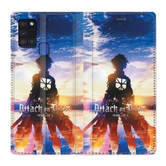 Housse cuir portefeuille pour Samsung Galaxy A21S Manga Attaque Titans Soleil