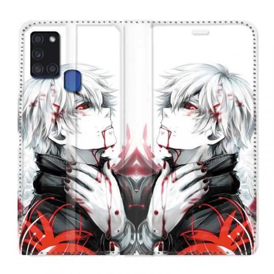 Housse cuir portefeuille pour Samsung Galaxy A21S Manga Kaneki Blanc