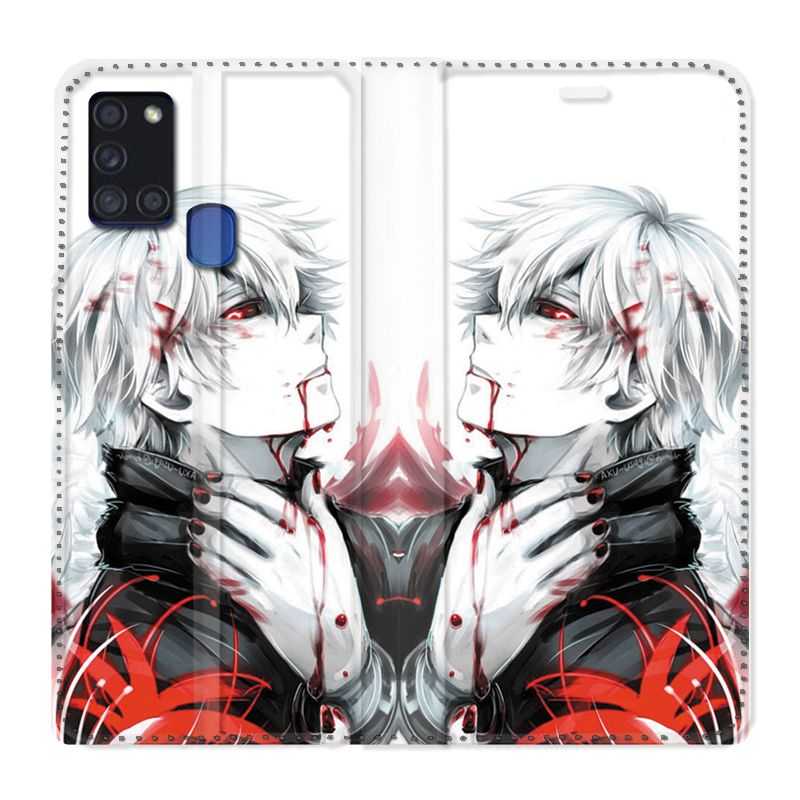 Housse cuir portefeuille pour Samsung Galaxy A21S Manga Kaneki Blanc