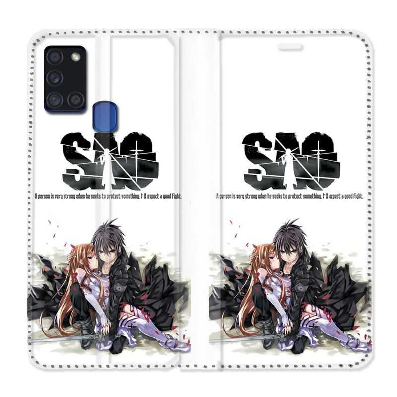 Housse cuir portefeuille pour Samsung Galaxy A21S Manga SAO sword Art Online Blanc