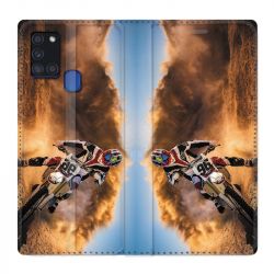 Housse cuir portefeuille pour Samsung Galaxy A21S Moto Cross Blanc