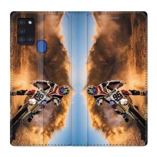 Housse cuir portefeuille pour Samsung Galaxy A21S Moto Cross Blanc