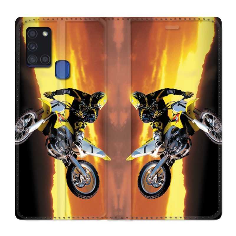 Housse cuir portefeuille pour Samsung Galaxy A21S Moto Cross Noir