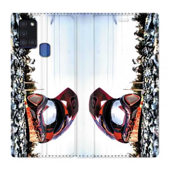 Housse cuir portefeuille pour Samsung Galaxy A21S Moto Casque Cross