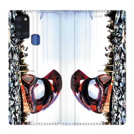 Housse cuir portefeuille pour Samsung Galaxy A21S Moto Casque Cross