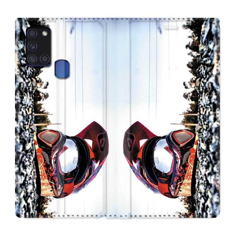 Housse cuir portefeuille pour Samsung Galaxy A21S Moto Casque Cross