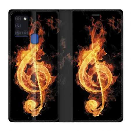 Housse cuir portefeuille pour Samsung Galaxy A21S Musique Clé Sol Feu N