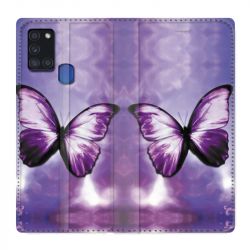 Housse cuir portefeuille pour Samsung Galaxy A21S Papillon Violet et Blanc