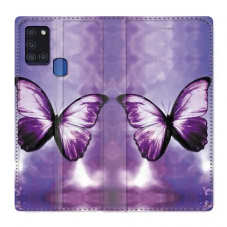 Housse cuir portefeuille pour Samsung Galaxy A21S Papillon Violet et Blanc