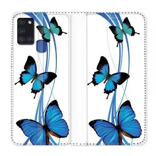 Housse cuir portefeuille pour Samsung Galaxy A21S Papillon bleu sur Blanc