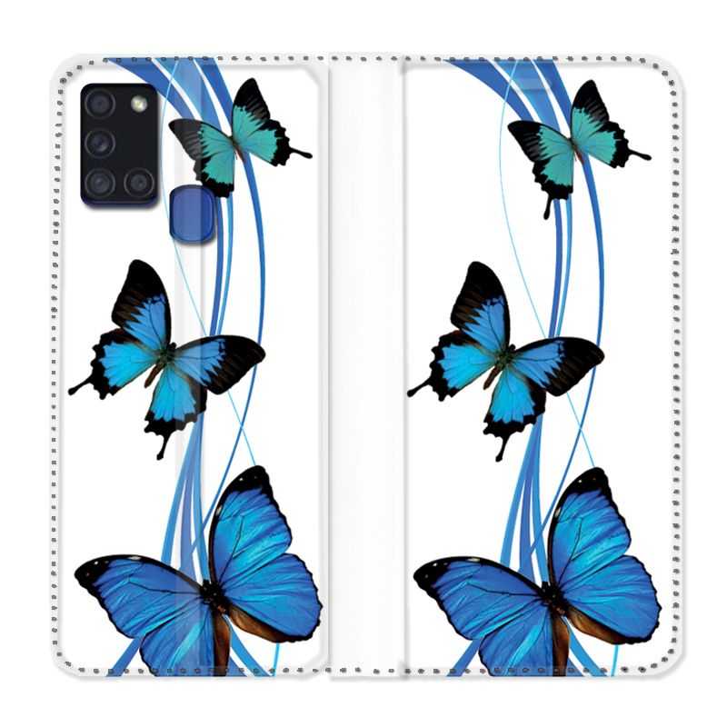 Housse cuir portefeuille pour Samsung Galaxy A21S Papillon bleu sur Blanc