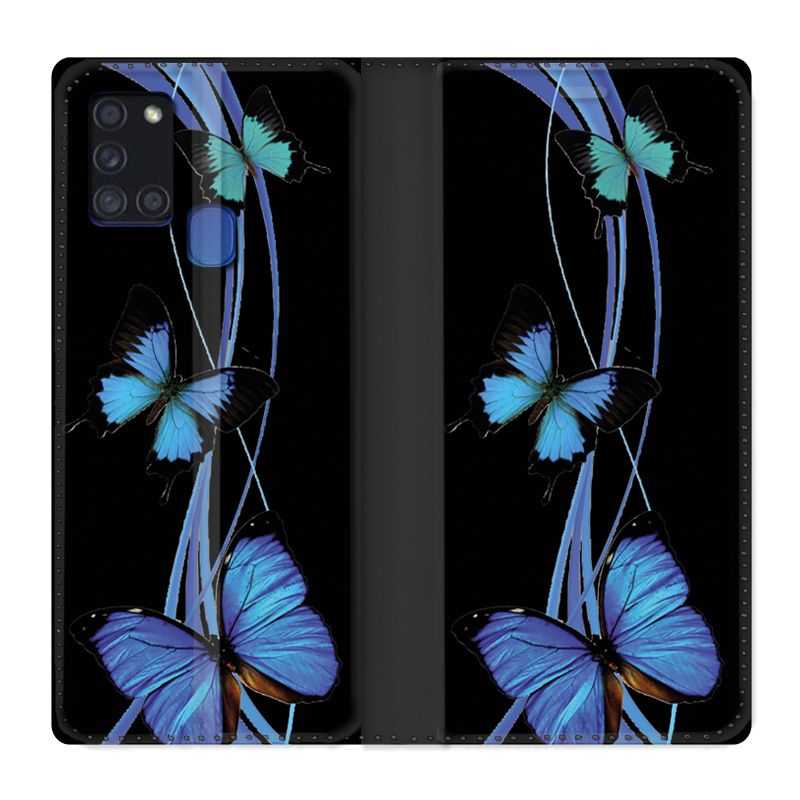 Housse cuir portefeuille pour Samsung Galaxy A21S Papillon bleu sur Noir