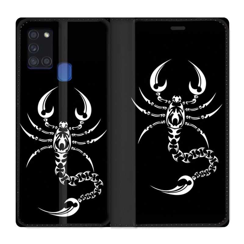Housse cuir portefeuille pour Samsung Galaxy A21S Scorpion Noir