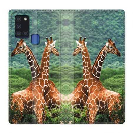 Housse cuir portefeuille pour Samsung Galaxy A21S Savane Girafe Duo