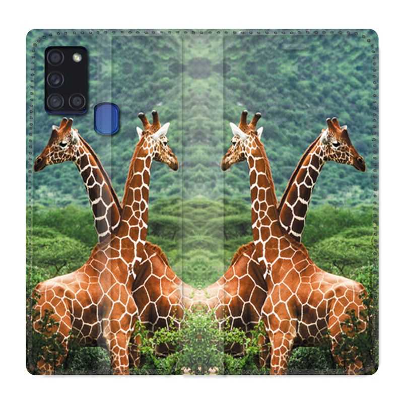 Housse cuir portefeuille pour Samsung Galaxy A21S Savane Girafe Duo