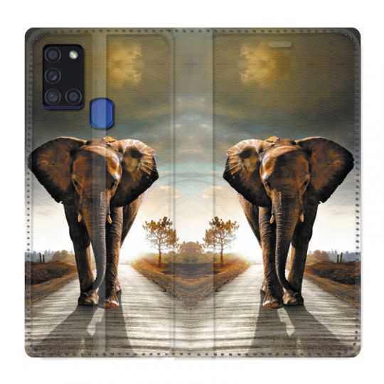 Housse cuir portefeuille pour Samsung Galaxy A21S Savane Elephant Route