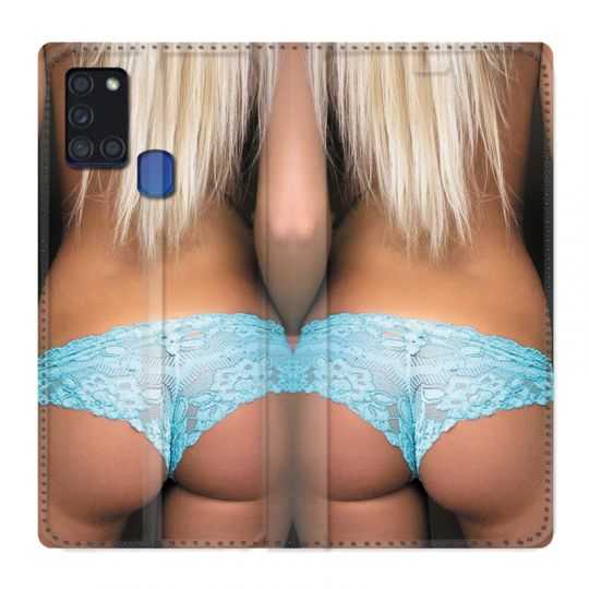 Housse cuir portefeuille pour Samsung Galaxy A21S Sexy Tanga Bleu