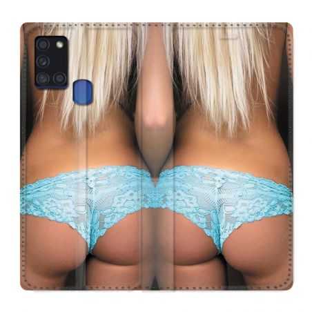 Housse cuir portefeuille pour Samsung Galaxy A21S Sexy Tanga Bleu