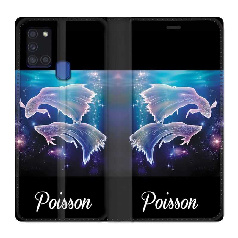 Housse cuir portefeuille pour Samsung Galaxy A21S Signe Zodiaque 2 Poisson
