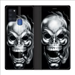 Housse cuir portefeuille pour Samsung Galaxy A21S Tete de Mort Fume