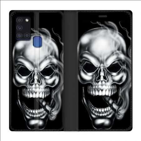 Housse cuir portefeuille pour Samsung Galaxy A21S Tete de Mort Fume