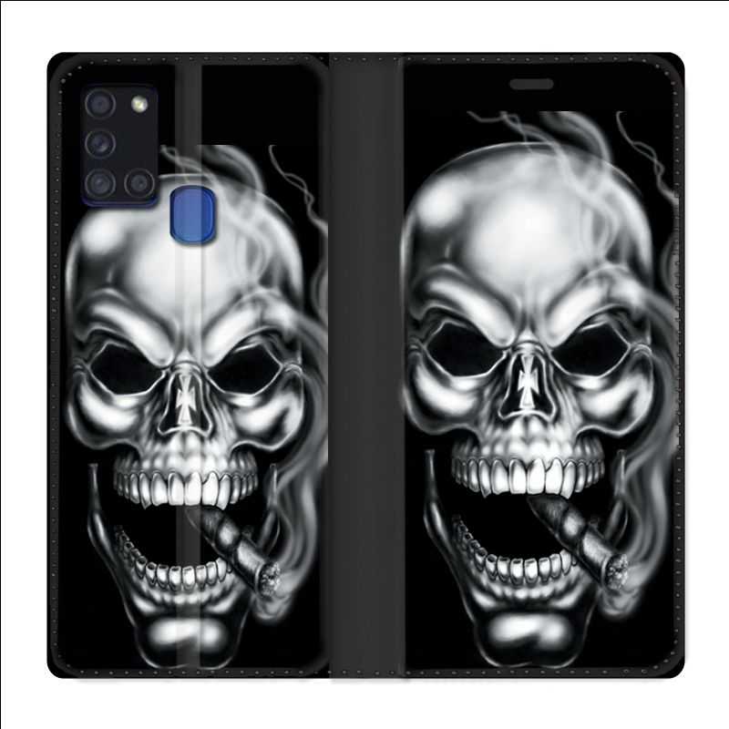 Housse cuir portefeuille pour Samsung Galaxy A21S Tete de Mort Fume