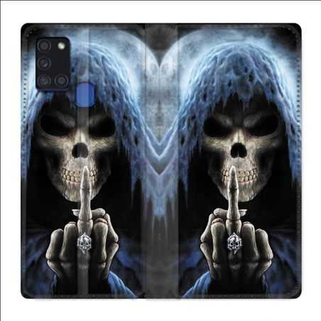 Housse cuir portefeuille pour Samsung Galaxy A21S Tete de Mort Doigt