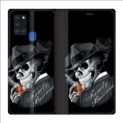 Housse cuir portefeuille pour Samsung Galaxy A21S Tete de Mort family business