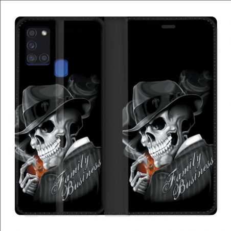 Housse cuir portefeuille pour Samsung Galaxy A21S Tete de Mort family business