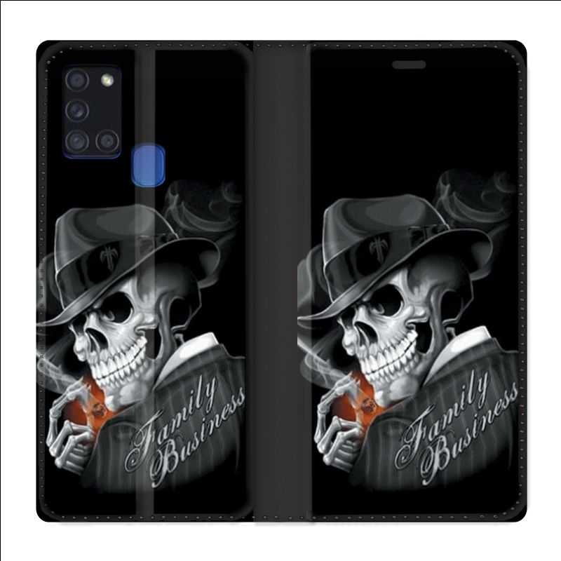 Housse cuir portefeuille pour Samsung Galaxy A21S Tete de Mort family business