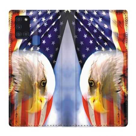 Housse cuir portefeuille pour Samsung Galaxy A21S Amerique USA Aigle