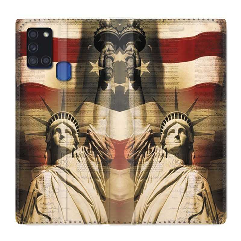 Housse cuir portefeuille pour Samsung Galaxy A21S Amerique USA Statue liberté