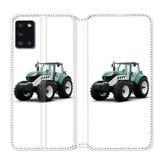 Housse cuir portefeuille pour Samsung Galaxy A31 Agriculture Tracteur Blanc