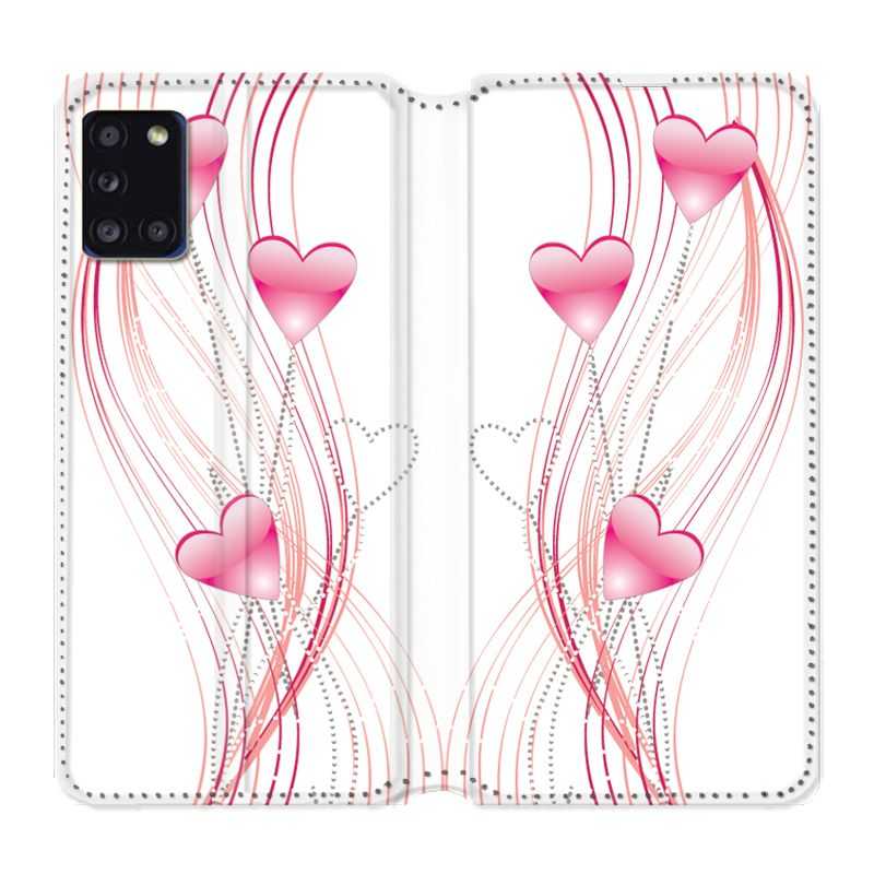 Housse cuir portefeuille pour Samsung Galaxy A31 Coeur Rose Montant sur Blanc