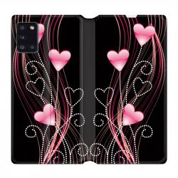 Housse cuir portefeuille pour Samsung Galaxy A31 Coeur Rose Montant sur Noir