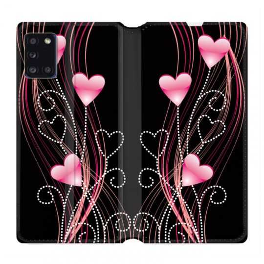 Housse cuir portefeuille pour Samsung Galaxy A31 Coeur Rose Montant sur Noir