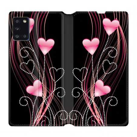 Housse cuir portefeuille pour Samsung Galaxy A31 Coeur Rose Montant sur Noir