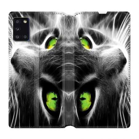 Housse cuir portefeuille pour Samsung Galaxy A31 Chat Vert