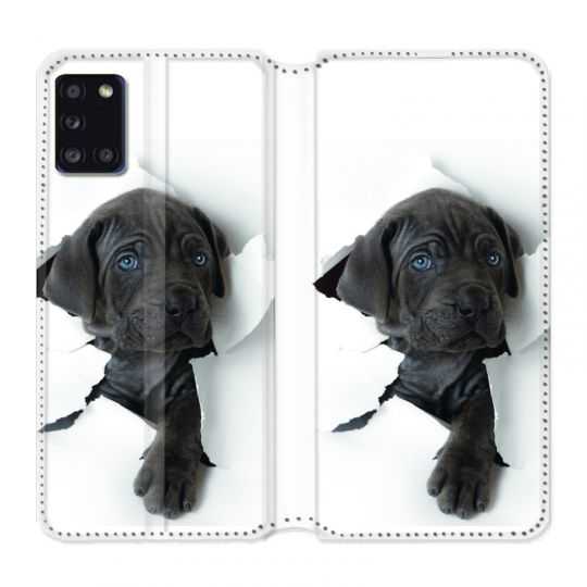 Housse cuir portefeuille pour Samsung Galaxy A31 Chien Noir