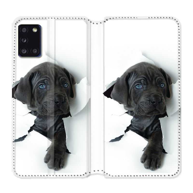 Housse cuir portefeuille pour Samsung Galaxy A31 Chien Noir